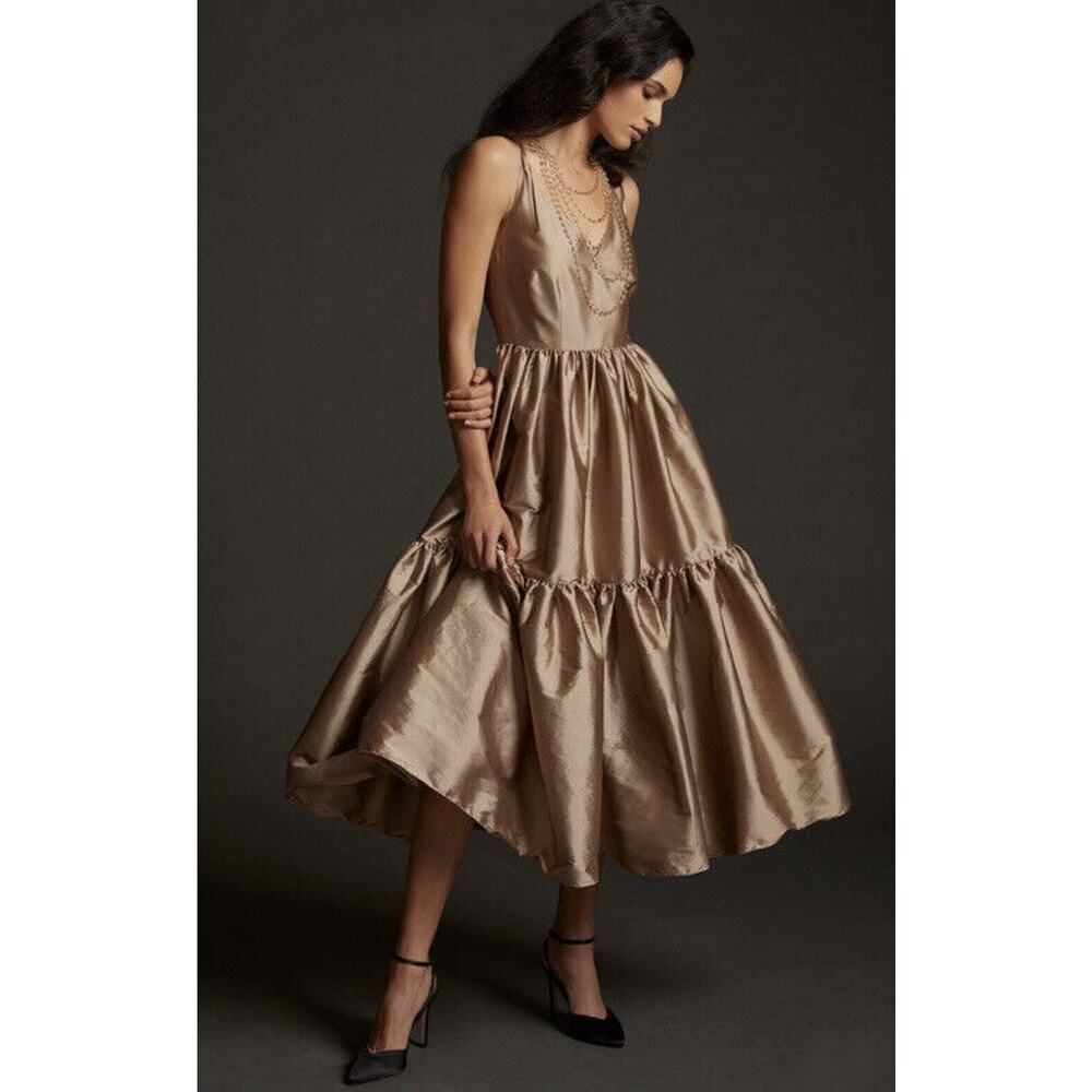 Anthropologie Bloni Tiered Shine Dress Size Small Metallic Midi Dress Bronze